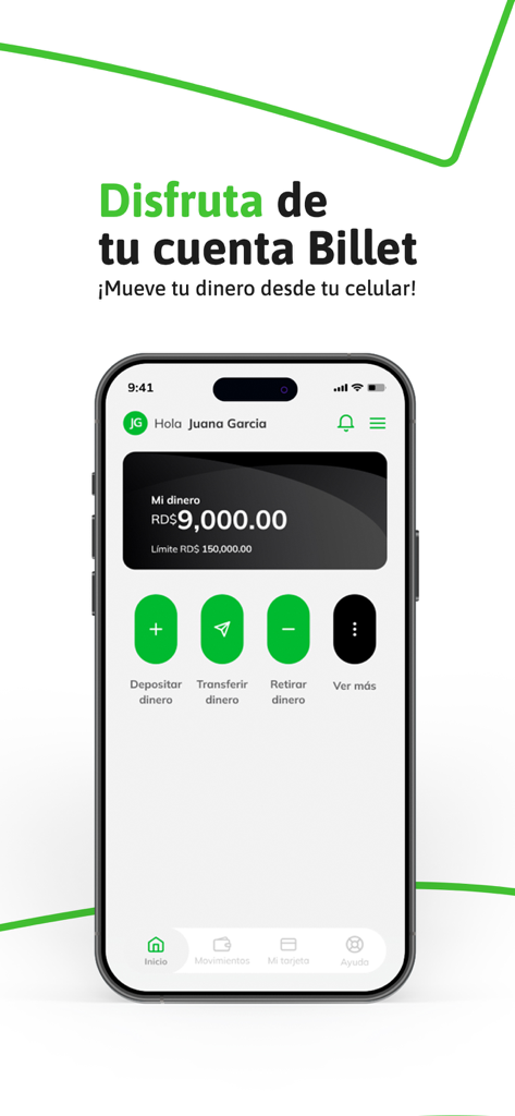 Billet - Pantalla de inicio de la aplicación móvil Billet que muestra el saldo de la cuenta y las opciones de transferencia en español