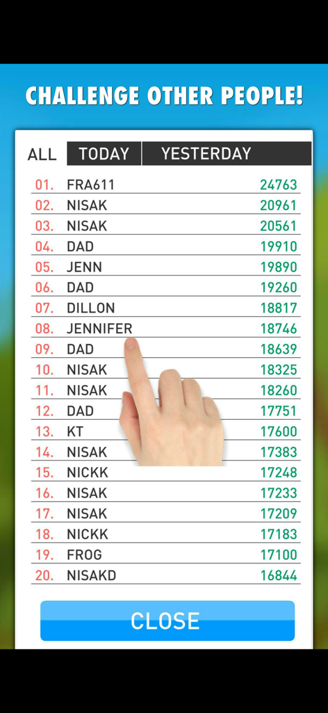 Global leaderboard showing high scores and rankings in the Spelling Test app.