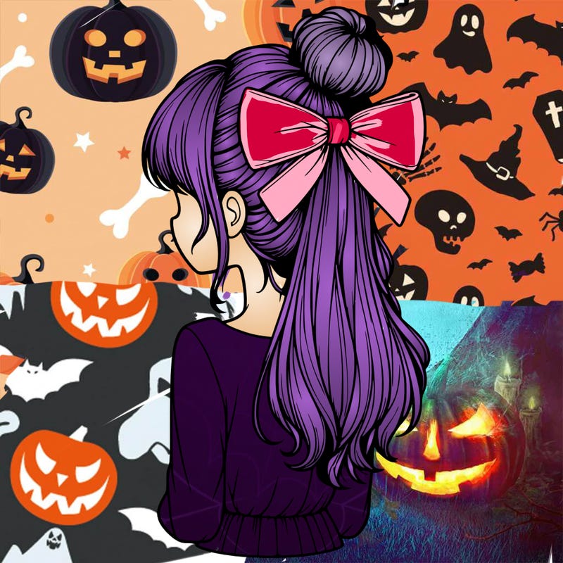 realistic girl  with hip length hair a bun and a big bow on the back of head