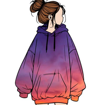 realistic girl with a oversized sweatshirt on and a bun