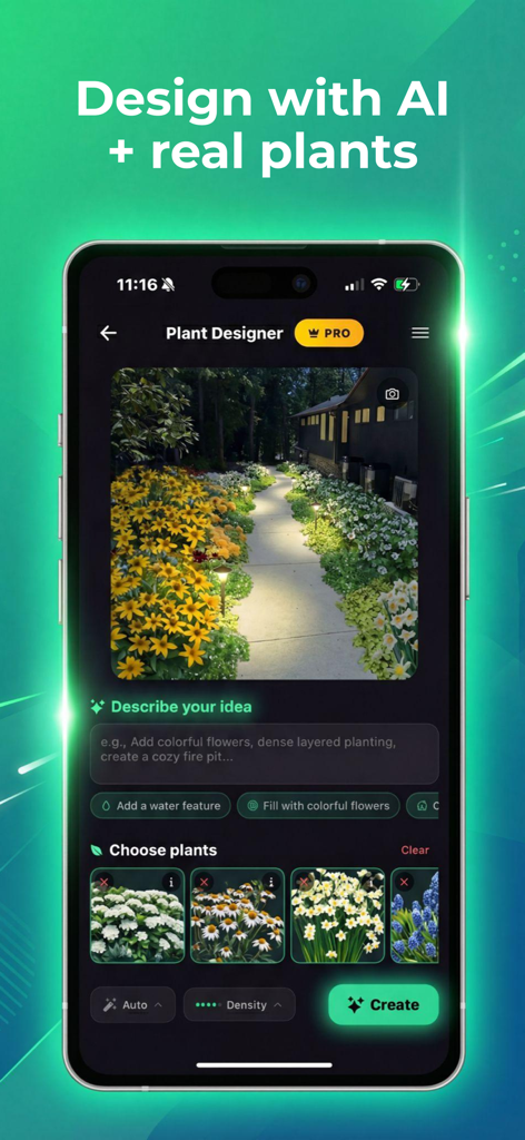 Sow: Garden & Landscape Design - Interface du concepteur de plantes de l'application Sow sur l'écran d'un smartphone montrant une visualisation de jardin avec de vraies fleurs et une invite IA pour décrire les idées de conception
