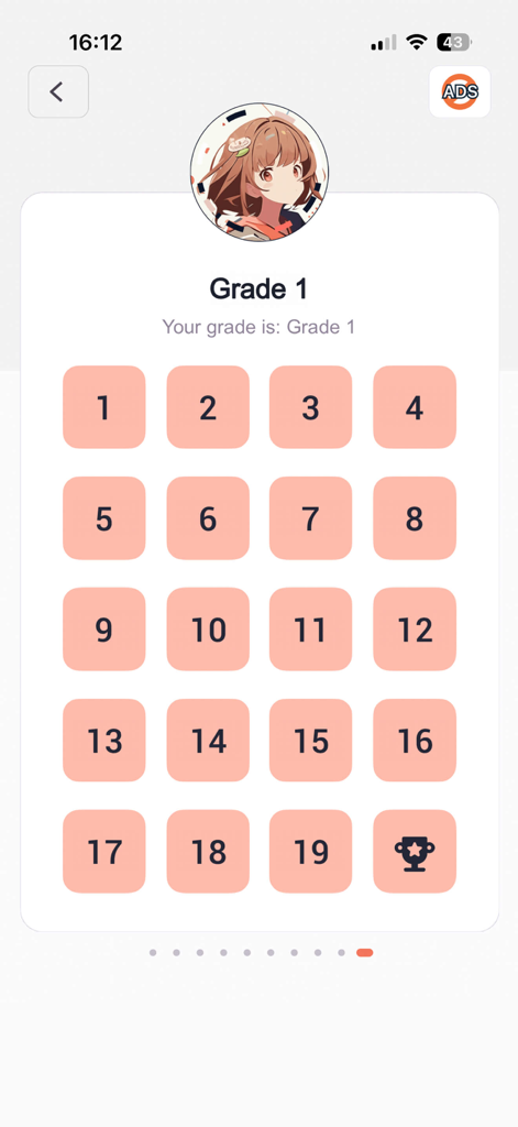 Abacus Mental Math Training - Interfaz de la aplicación Entrenamiento de Cálculo Mental con Ábaco que muestra la pantalla de selección de nivel de Grado 1 con etapas de ejercicio numeradas