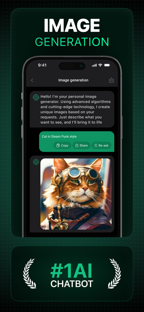 Tela móvel do GPT AI Assistant Chatbot exibindo uma imagem gerada por IA de um gato em estilo steampunk a partir de um prompt de texto