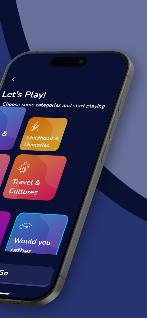 Tell me more!! - Smartphone screen displaying conversation game categories like Childhood and Memories and Travel and Cultures in the Tell me more app.