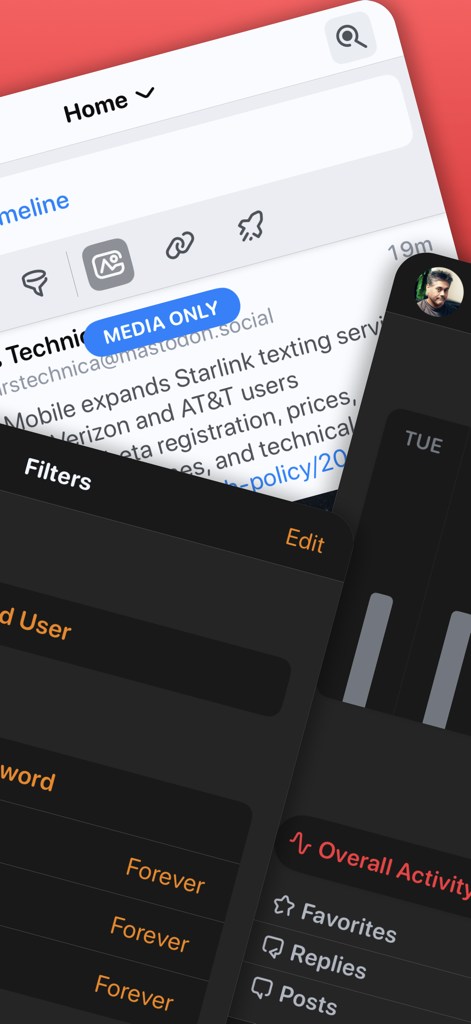 Ivory for Mastodon app interface displaying advanced filtering options and user activity statistics