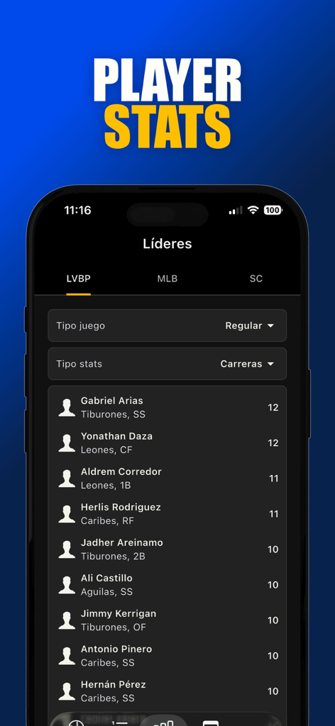 Beisbol Venezuela LVBP 2025 - Captura de pantalla de la aplicación Béisbol Venezuela que muestra los líderes de la liga LVBP y las estadísticas de jugadores en un teléfono inteligente