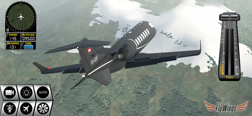 Flight Simulator FlyWings 2016 - A black private jet flying over mountainous terrain in Flight Simulator FlyWings 2016 with on-screen flight instruments