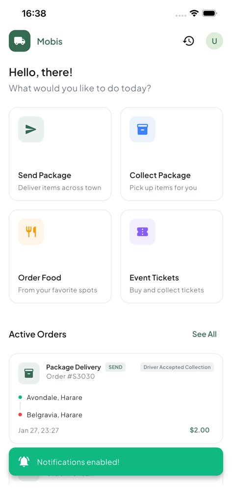 MOBIS Delivery - Painel do aplicativo MOBIS Delivery com opções para enviar pacotes e pedir comida
