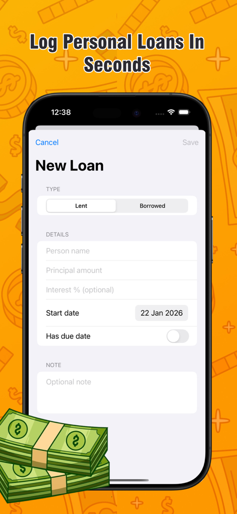Money Control Budget - Interface for logging a new lent or borrowed personal loan with fields for name and amount