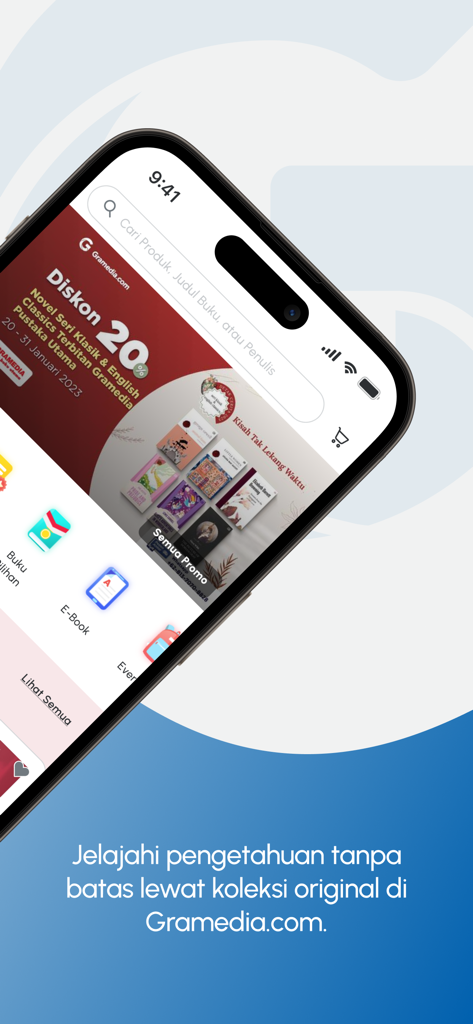 Gramedia app home screen featuring Indonesian book collections and promotions