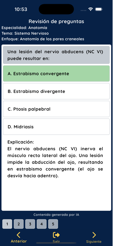 RetoMedico - Una captura de pantalla de la aplicación RetoMedico mostrando una pregunta de opción múltiple sobre el nervio abducens con una respuesta correcta y una explicación médica detallada.