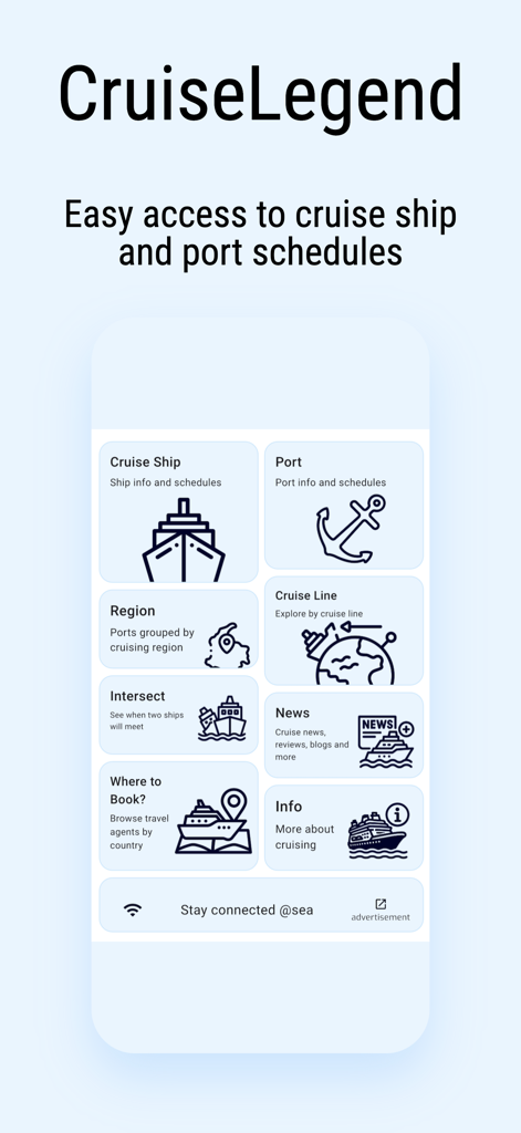 CruiseLegend - CruiseLegend app home screen with navigation menu for ship info, port schedules, and cruise news.