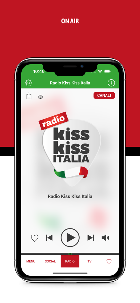 Kiss Kiss Italia - Kiss Kiss Italia radio app player interface featuring an Italian flag logo and music controls