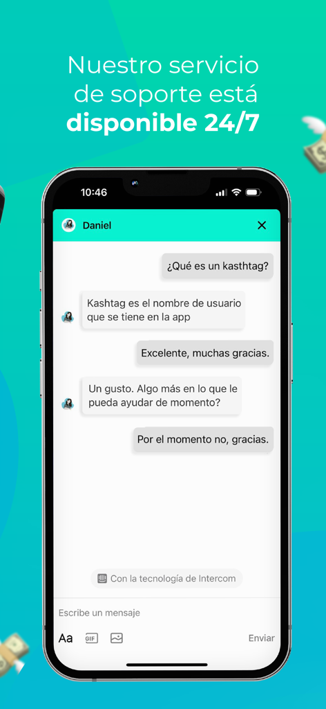 Mobile screen of Kash app showing its 24/7 customer support chat in Spanish