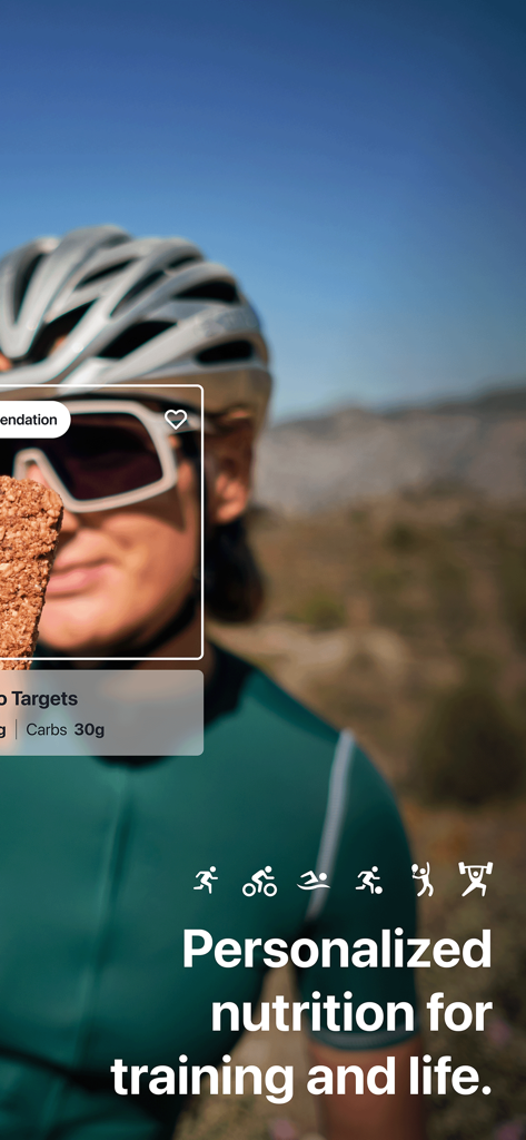A female cyclist wearing a helmet and sunglasses with an app overlay showing a carb-focused food recommendation and the text Personalized nutrition for training and life.