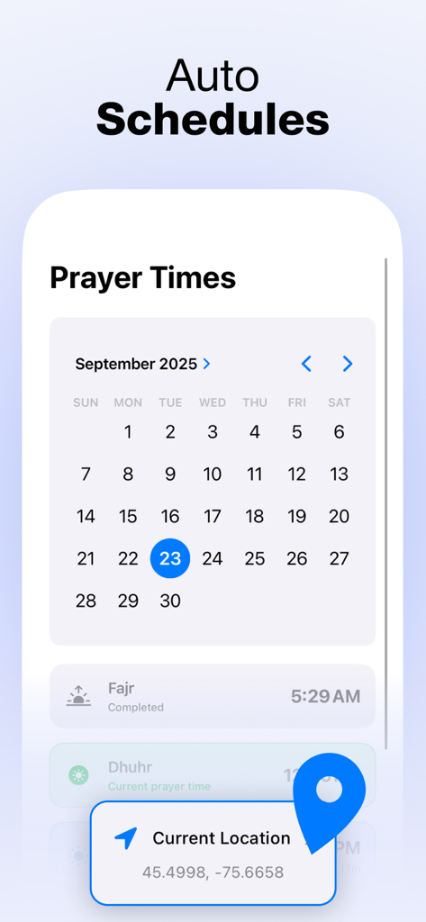 Screenshot of the SalahScreen app showing a monthly calendar and automatic prayer time schedules based on current location.