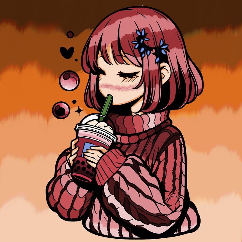 manga girl drinking boba in cozy sweater