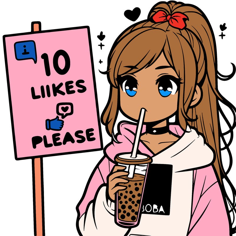 girl with a high ponytail and a hoodie drinking boba staring at a sign saying 10 likes please