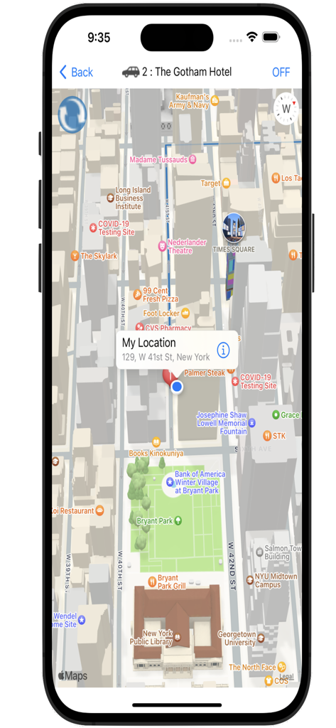 Mapa de navegación de la aplicación Im here que muestra una ruta en la ciudad de Nueva York