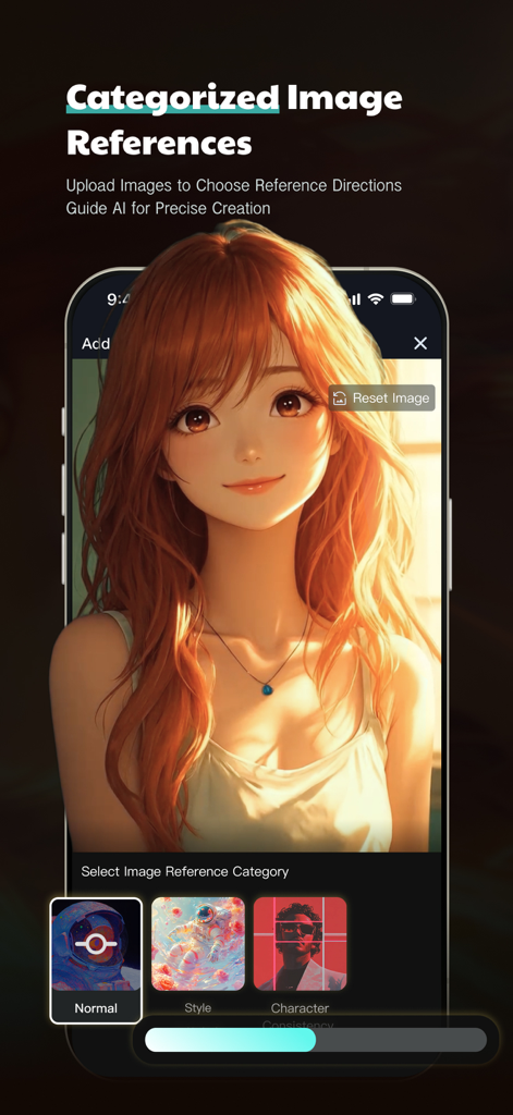 Interface do aplicativo IA Banana Studio exibindo o recurso de referências de imagem categorizadas com um exemplo de personagem de anime