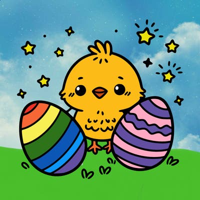 cute easter chick with eggs