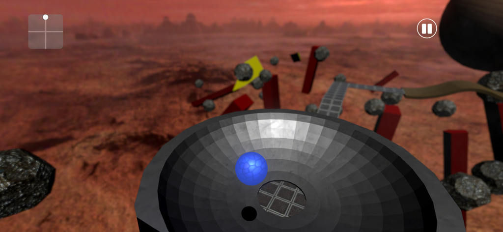 Rollz -Adventure Rolling Ball - A blue textured ball inside a gray funnel on a 3D dreamlike space planet in the Rollz mobile game.
