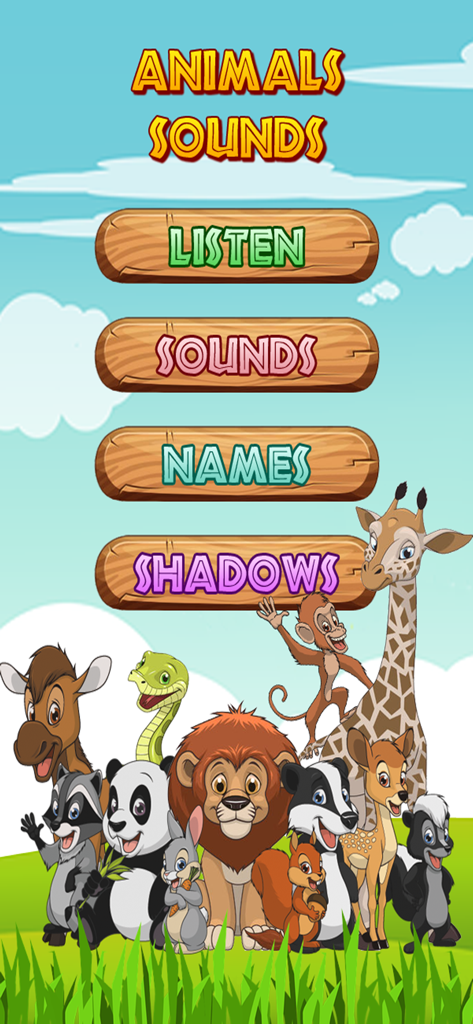 Menú principal de la aplicación Nombres y Sonidos de Animales que muestra modos de juego y animales de dibujos animados