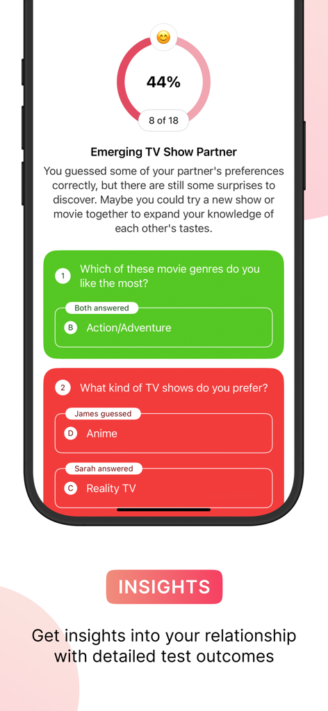 Luvy - Couples & Relationship - Ein mobiler Bildschirm aus der Luvy App, der die Ergebnisse eines Beziehungsquiz für ein Paar mit übereinstimmenden Film- und Fernsehpräferenzen anzeigt.