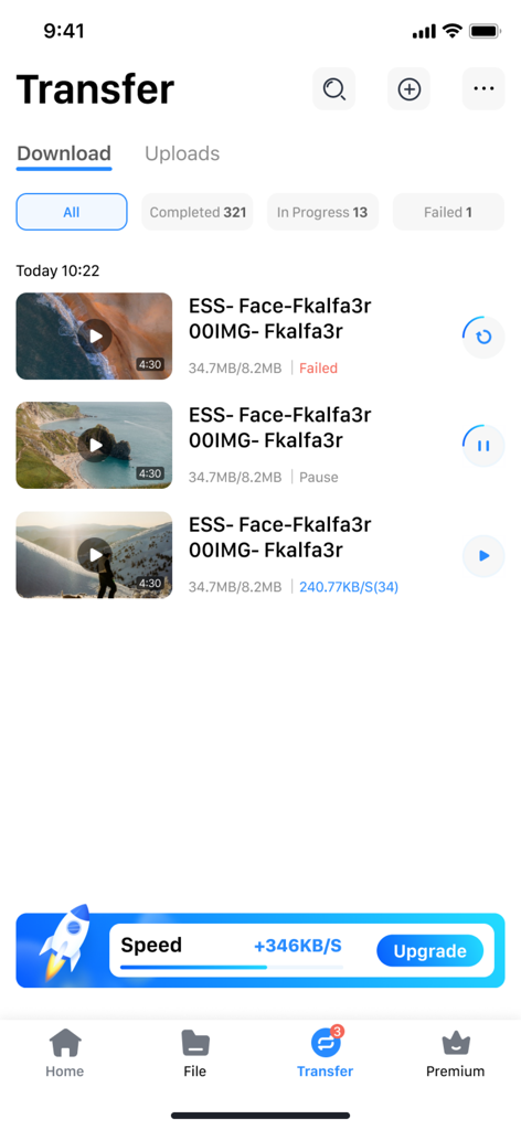 Todisk mobile app transfer screen showing video download status and speed upgrade banner