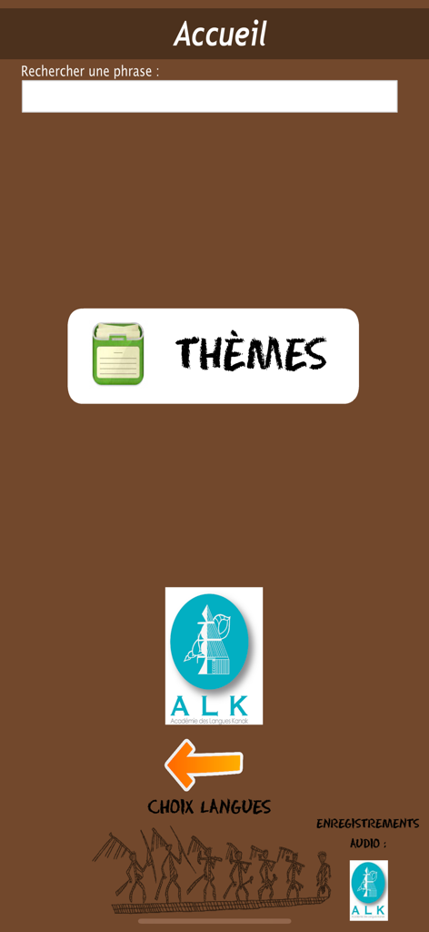 Home screen of the Traducteur ALK app featuring a search bar and language theme selection