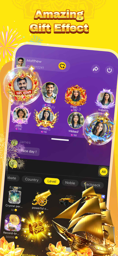 Waki Star-Group Voice Chat - A group voice chat interface in Waki Star showing multiple user profiles and animated virtual gifts like a golden ship and treasure chest