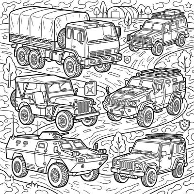 Dive into an exciting world of wheels with our Military Transport Vehicles coloring page. Featuring a collection of powerful trucks, rugged jeeps, and sturdy armored vehicles, this template offers hours of creative fun for all ages.