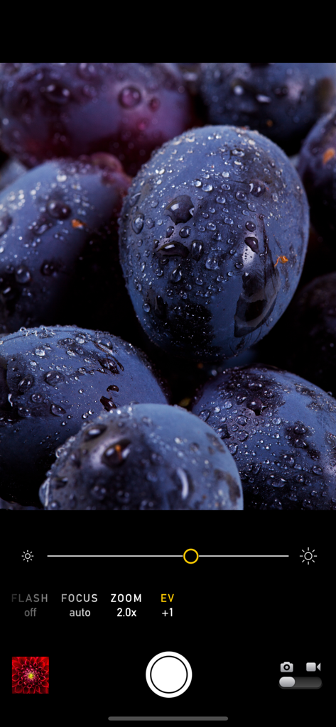 マクロモードアプリのインターフェイス。水滴のついたブドウのクローズアップと手動カメラコントロールが表示されています。