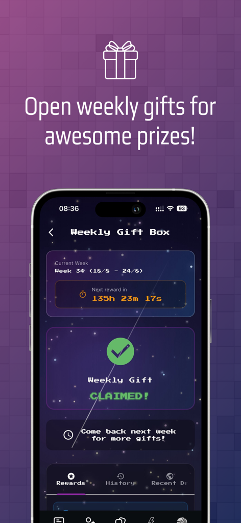 Arena - Meet Gamers - Interfaccia dell'app Arena che mostra regali e premi settimanali per i giocatori