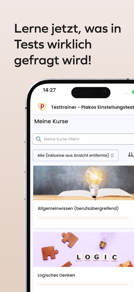 Plakos Prüfungstrainer - Mobile dashboard of the Plakos exam trainer app showing career preparation courses for general knowledge and logical thinking