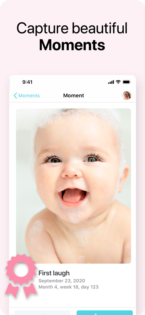 Baby Plus app screen displaying a babys first laugh milestone with photo and age details