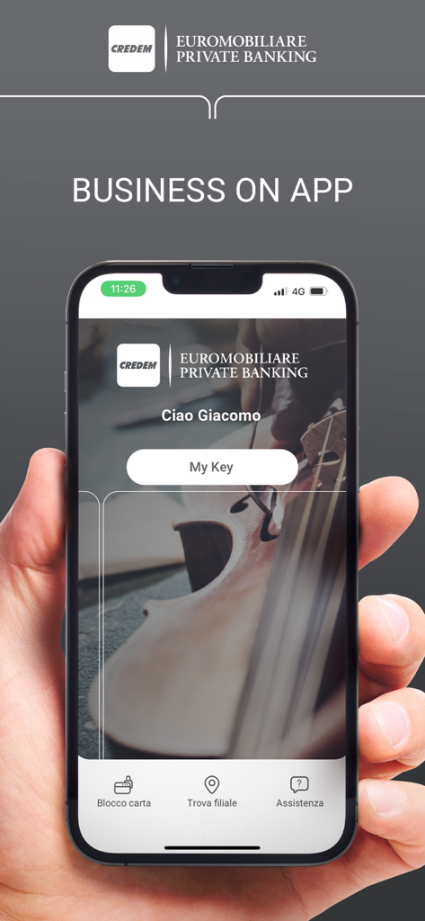 Business On App - Écran de smartphone montrant l'application Business On pour Euromobiliare Private Banking.