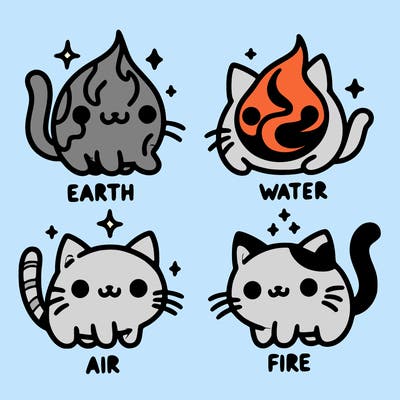 4 cats that represent the different elements, earth, water, air, and fire