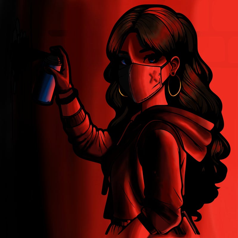 realistic girl with mask spray painting a wall