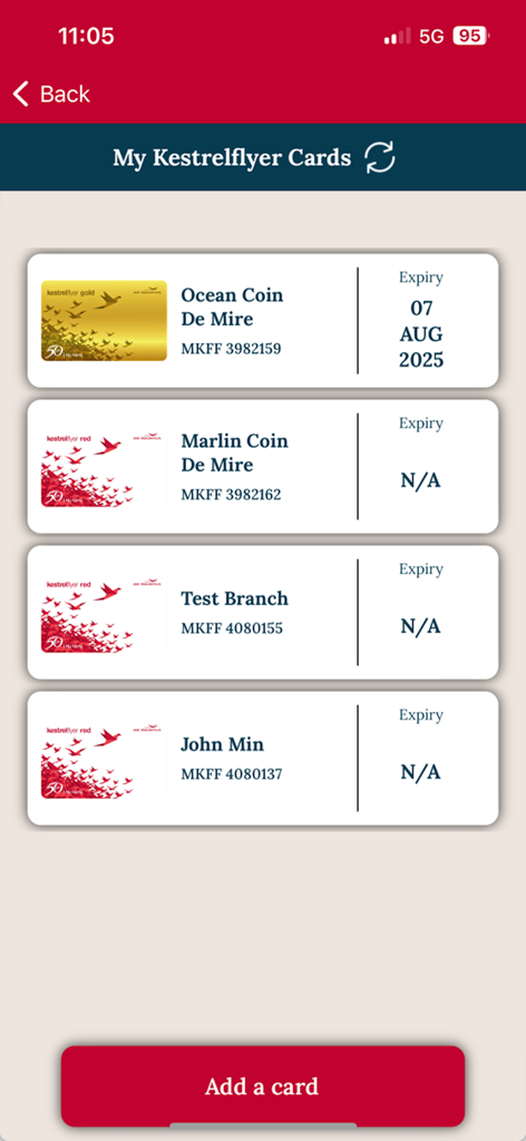 Digital Kestrelflyer frequent flyer membership cards displayed in the Air Mauritius app