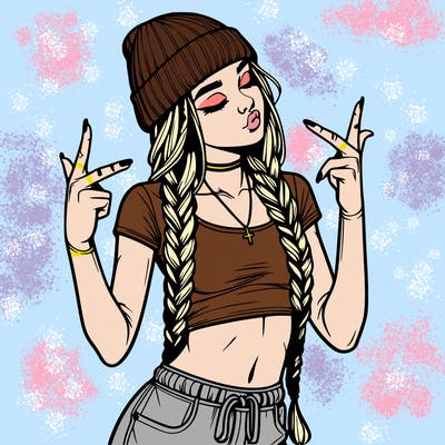 realistic teenage girl with braids and a beanie and crop top doing 🫶🏼