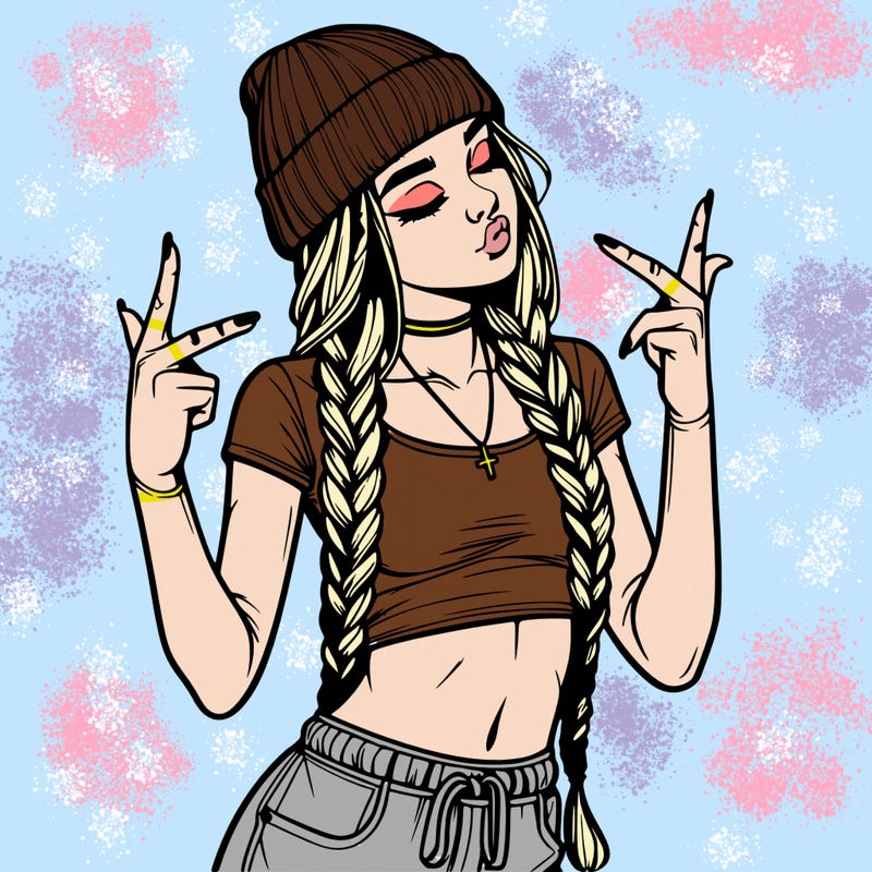 realistic teenage girl with braids and a beanie and crop top doing 🫶🏼