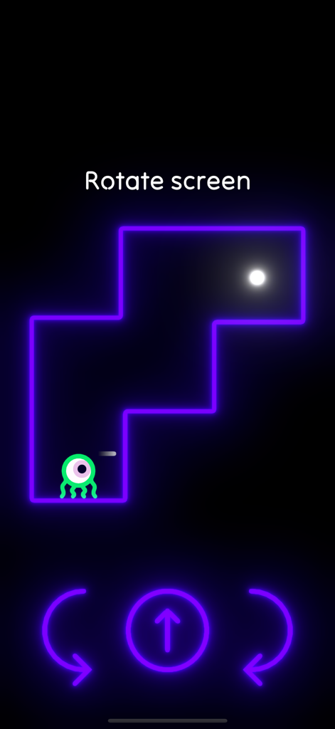 Orbie is Lost in Space - A green one eyed alien in a neon purple maze with gravity rotation controls
