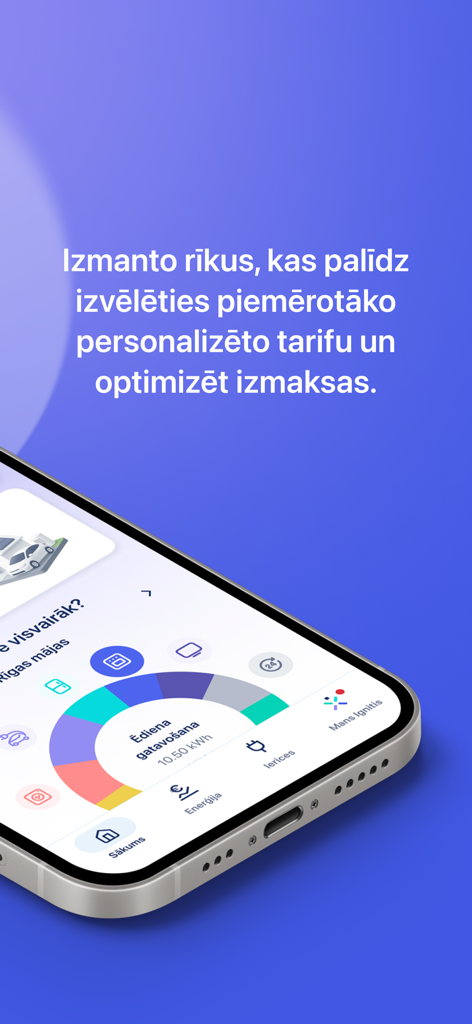 A mobile screen displaying a colorful donut chart of household energy consumption categories like cooking and heating