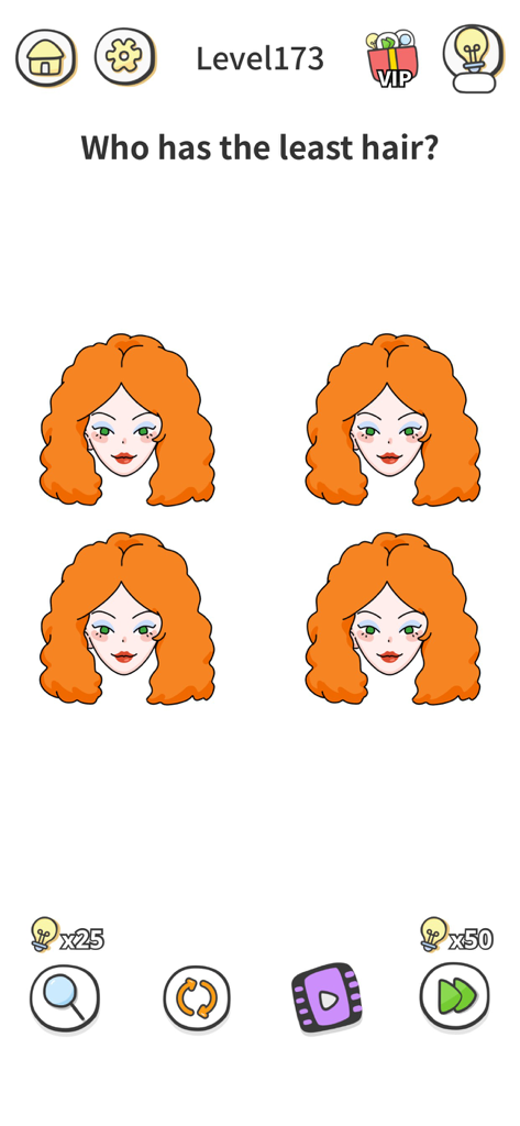 Brain Out 2レベル173で、4人のそっくりな女性キャラクターが登場し、誰の髪が一番少ないかを尋ねている