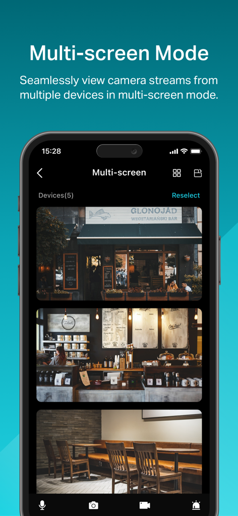 TP-Link VIGI - TP-Link VIGI app interface displaying multiple business security camera feeds in multi-screen mode