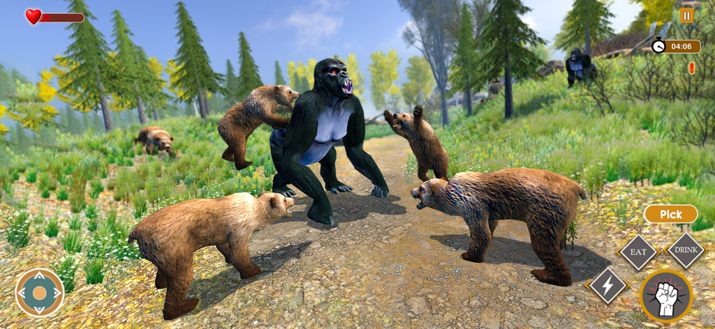 Un gorila gigante rodeado por una manada de osos pardos en un sendero forestal durante el juego