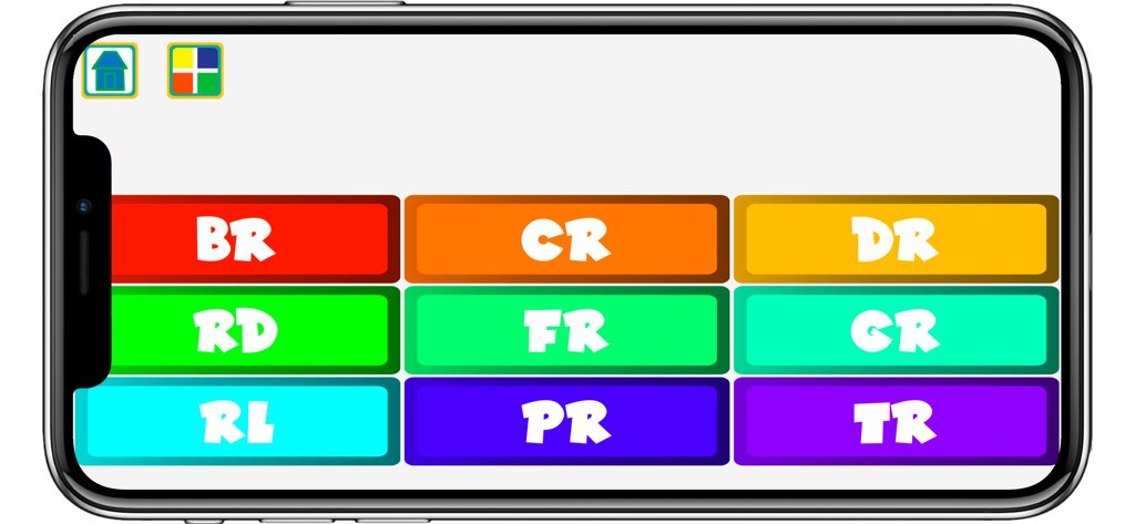 R Articulation - Une grille colorée de boutons dans l'application R Articulation montrant divers blends R tels que BR, CR, DR, RD, FR, GR, RL, PR et TR pour la pratique d'orthophonie.