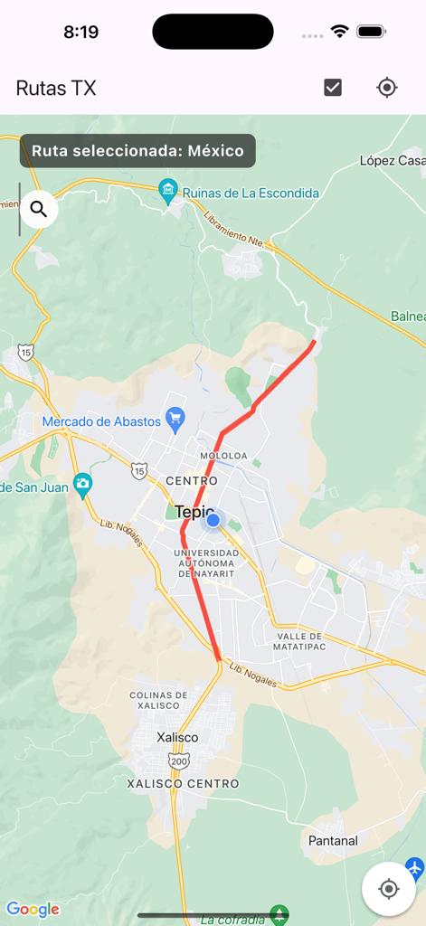 RTX - Interfaz de la aplicación RTX que muestra una línea de ruta de autobús roja en un mapa de Tepic México