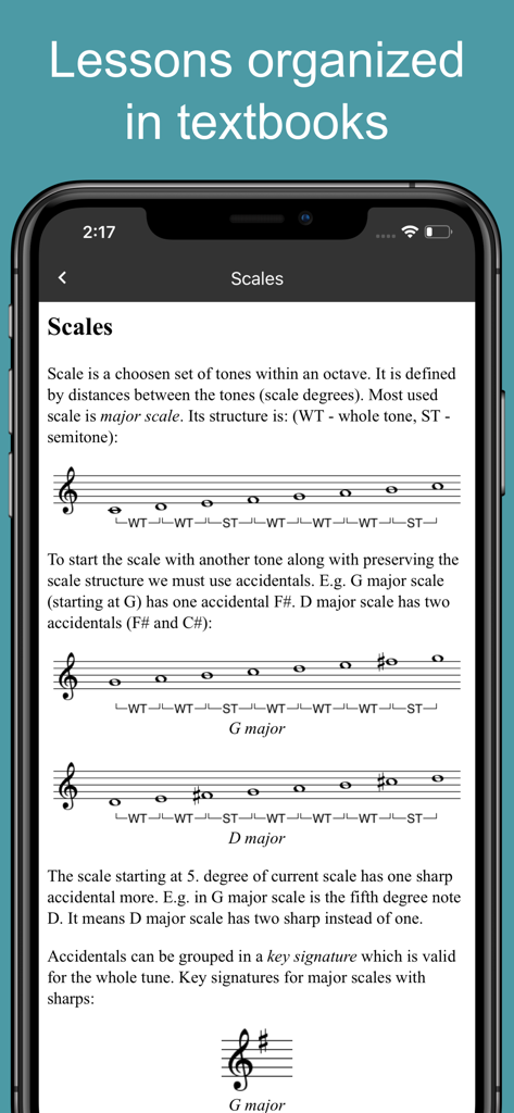 MyMusicTheory - Music Theory - A digital textbook page from the MyMusicTheory app explaining major scales with musical notation for C, G, and D major.